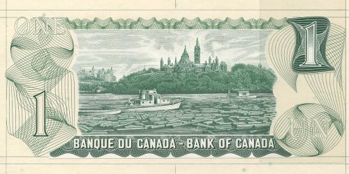 Bank note engraving, green, logs and 2 boats on a river in front of a tree-covered hill with towers.