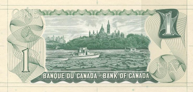 Bank note engraving, green, logs and 2 boats on a river in front of a tree-covered hill with towers.
