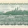Bank note engraving, green, logs and 2 boats on a river in front of a tree-covered hill with towers.