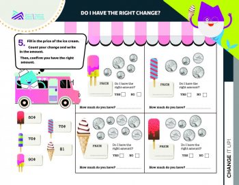 Document, form, images of coins in different combinations along with ice cream treats and empty spaces.