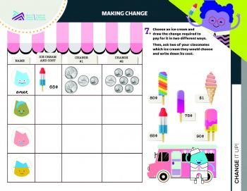 Document, form, grid, images of coins with ice cream treats and their values.