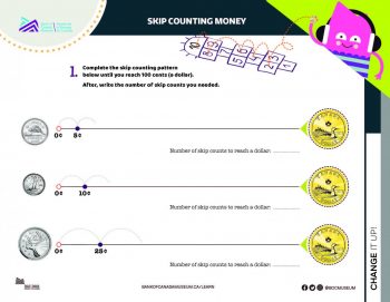 Document, form, images of Canadian coins and bills beside questions and empty lines.