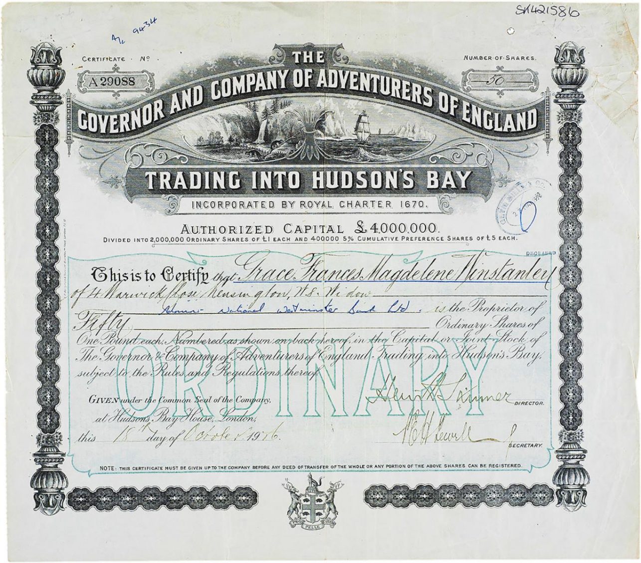 Certificate, black ink, elaborate geometric patterns, illustration of bountiful land and ships on arctic seas.