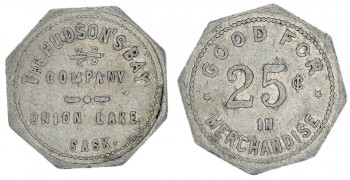 Token, grey metal, octagonal, with words and numbers stamped on it.