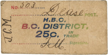 Ticket, brown paper, multicoloured stamped words and handwriting.