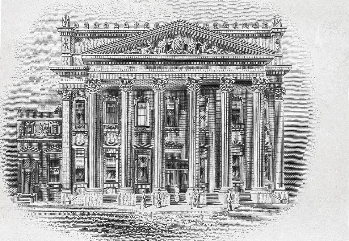 Illustration, building with 2-storey columns supporting a decorated porch roof.