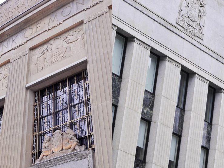 Two building facades with identical vertical flat columns. The left building with decorative windows and carvings.