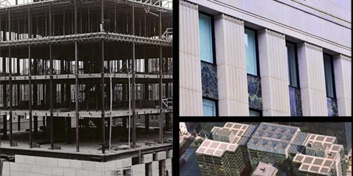 Building, old, square, stone building surrounded by 2 glass towers.