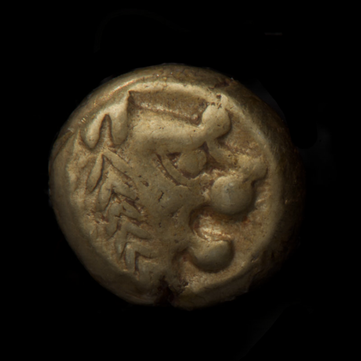 Coin, thick, pale gold-coloured, a crude lion’s head facing right.