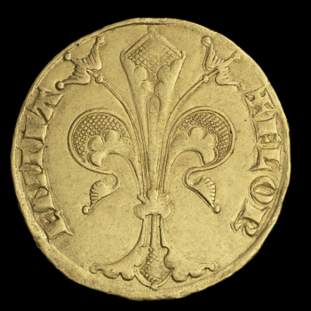 Coin, gold, a three-petalled flower with Latin text on either side of it.