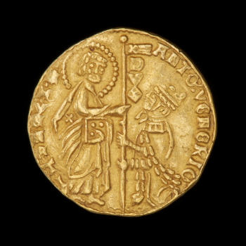 Coin, gold, a crowned man kneeling before a man with a halo, Latin script around the edges.