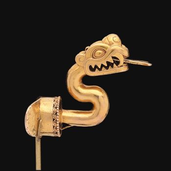 Gold ornament, cast, shaped like a serpent with its tongue out.