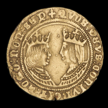 Coin, gold, profiles of crowned king and queen facing each other, Latin text around the edges.