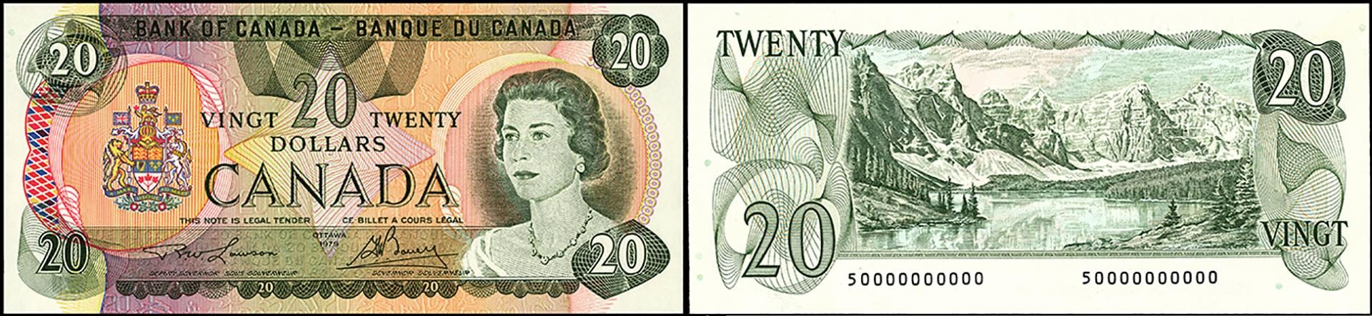 Bank note, green, both sides, one showing a middle-aged female monarch and the other with a lake surrounded by tall mountains.
