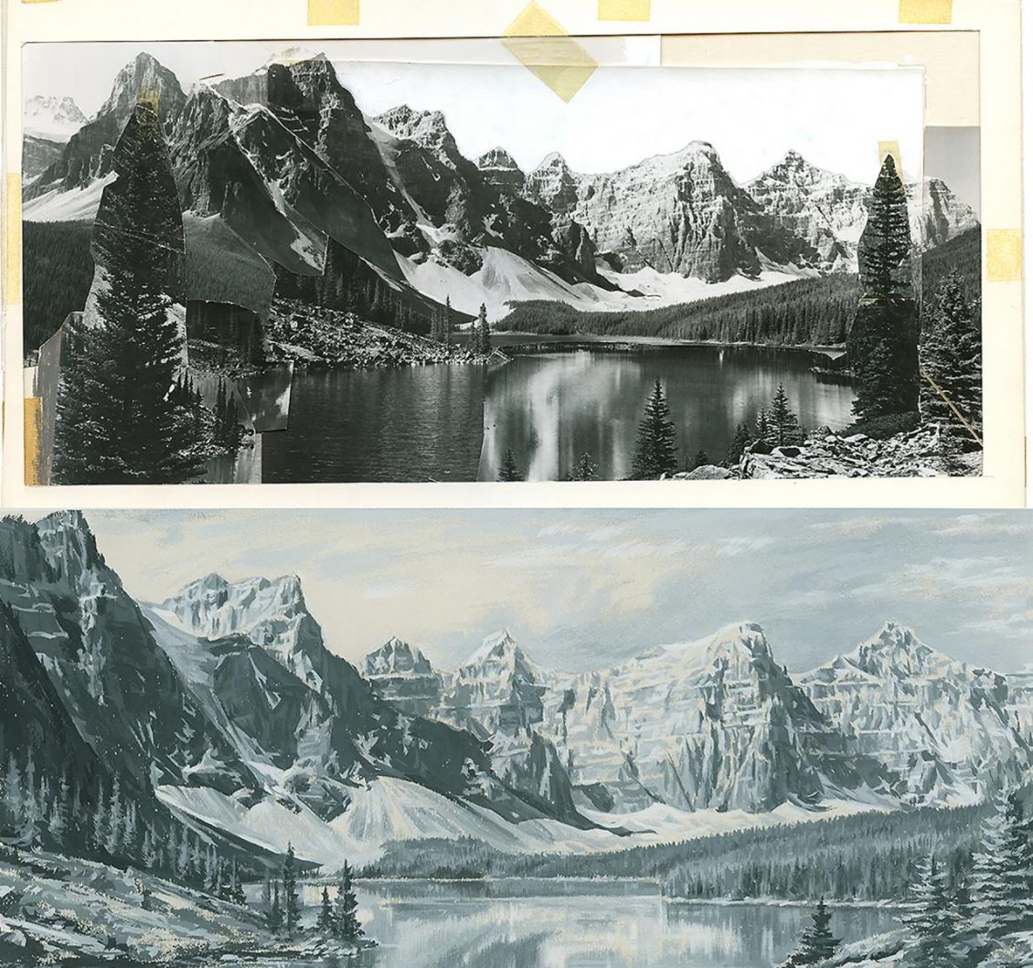 A photographic collage of mountains, black and white, above a watercolour image of the same scene.