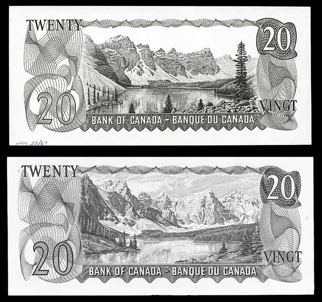 Bank note engravings, two, one dull with little contrast, one bright and detailed.