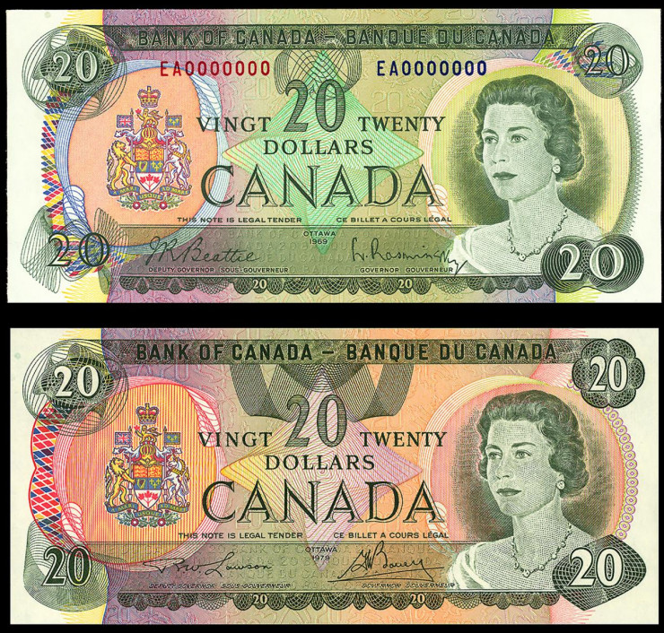 Nearly identical bank notes, one with green and yellow colouring, one with pink, purple and green.