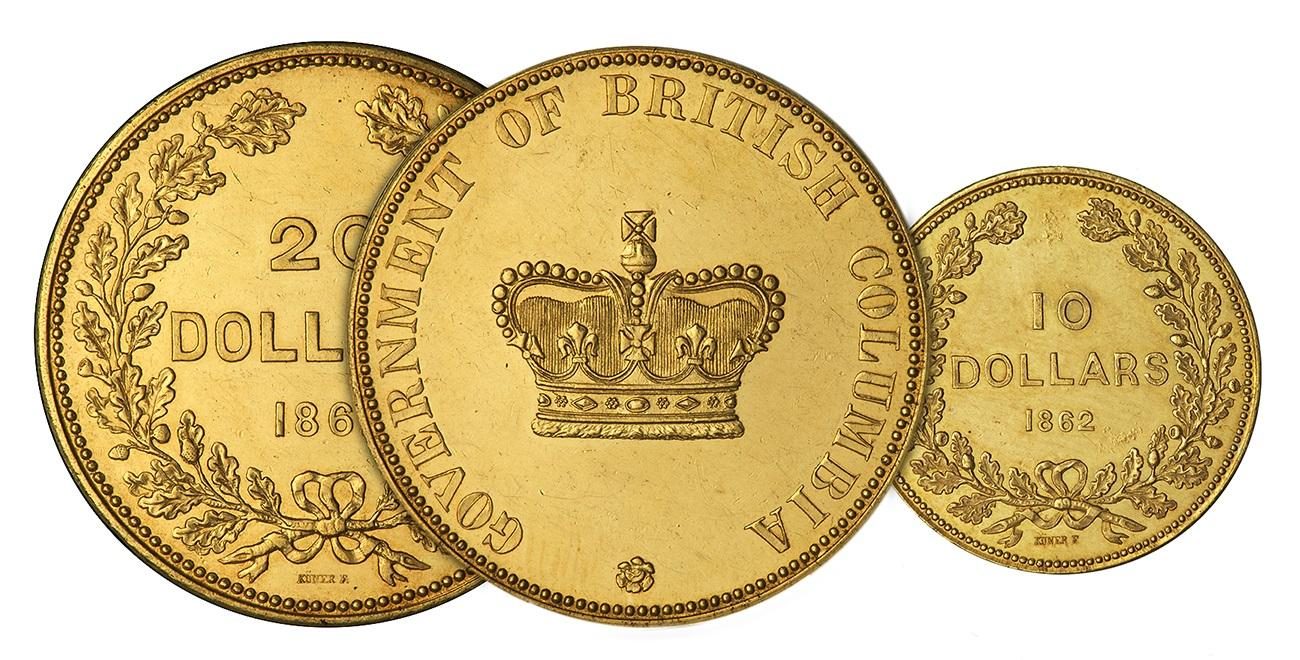 Gold coins, 3, with laurel leaves framing the denomination and 1 with a crown on the back.