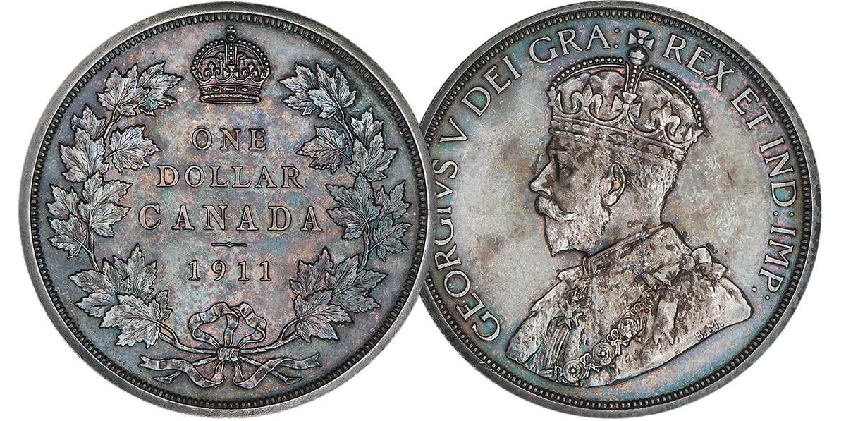 Coin, silver, on the front side a portrait of a crowned king, the back side a wreath of maple leaves.
