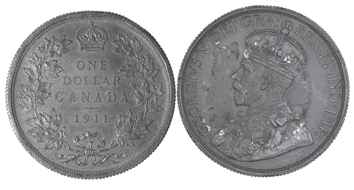 Coin, lead, on the front side a wreath of maple leaves, on the back side a portrait of a crowned king.