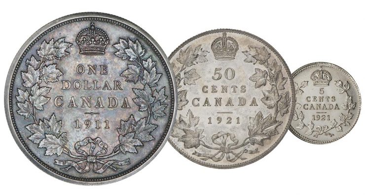Coins, 3, silver, different sizes with edges similarly framed in maple leaf wreaths.