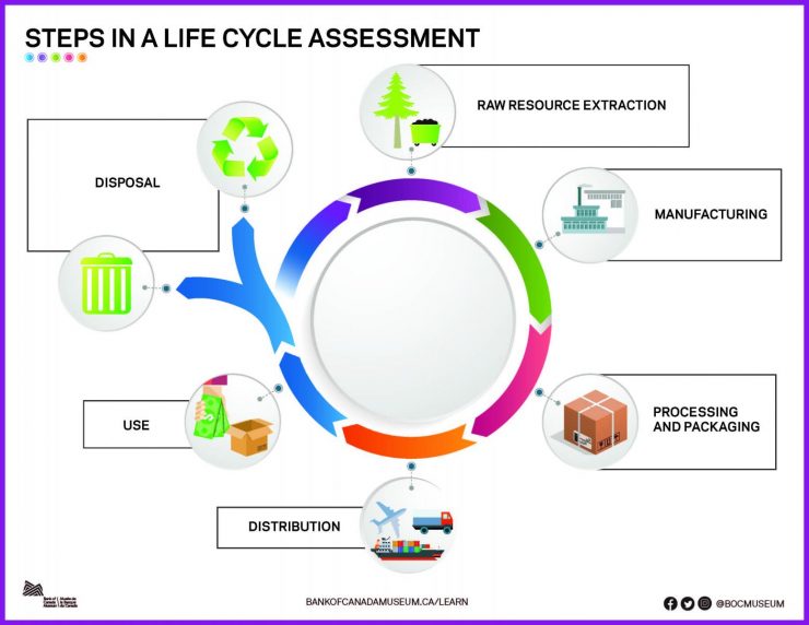 Circle diagram showing flow of six steps of a life cycle assessment: raw resource extraction, manufacturing, processing and packaging, distribution, use, and disposal.