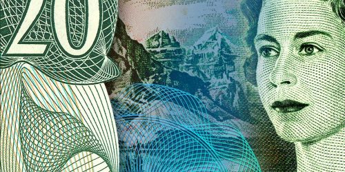 Collage, bank note details, green, face of middle-aged woman, mountains and large number 20.
