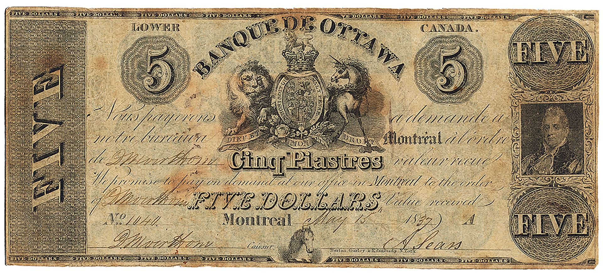 Bank note, old, yellowed, with faded black classical imagery and decorative printing.