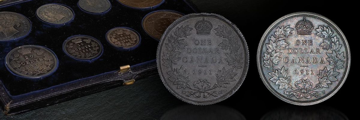 In front of a set of coins in a case, two coins, one lead, one silver, each with identical wreaths of maple leaves.