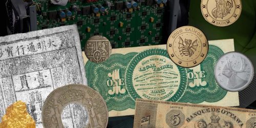 Photo collage, old bank notes and coins, gold nuggets and a computer component.