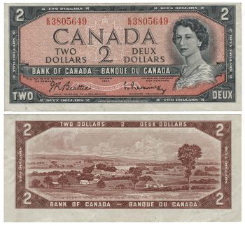 Bank note, both sides, young woman in pearls on one side and rural village on the other.
