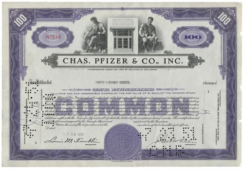 Stock certificate, purple frame of intricate geometric loops and drawings of allegorical men representing work and research.