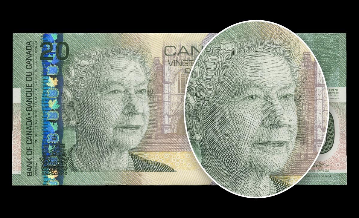 Bank note engraving of an older woman in front of a green $20 bill featuring the same image.