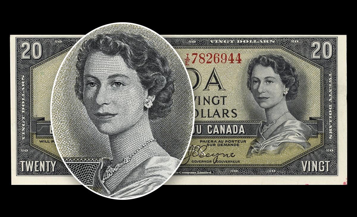 Bank note engraving of a young woman in front of a green $20 bill featuring the same image.