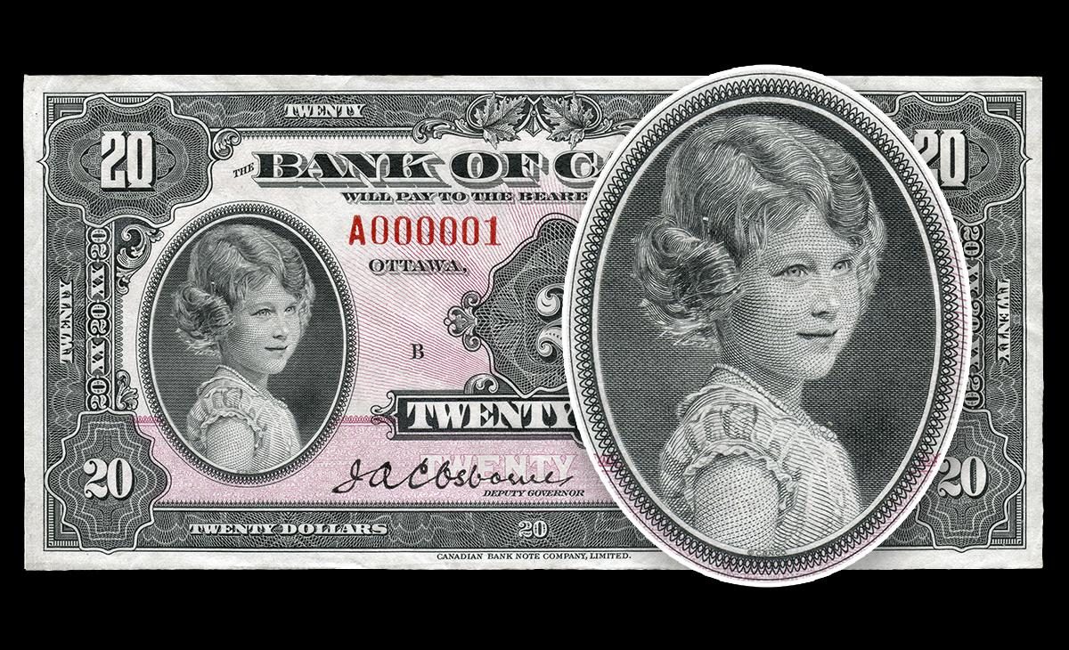 Bank note engraving of a young girl in front of a pink $20 bill featuring the same image.