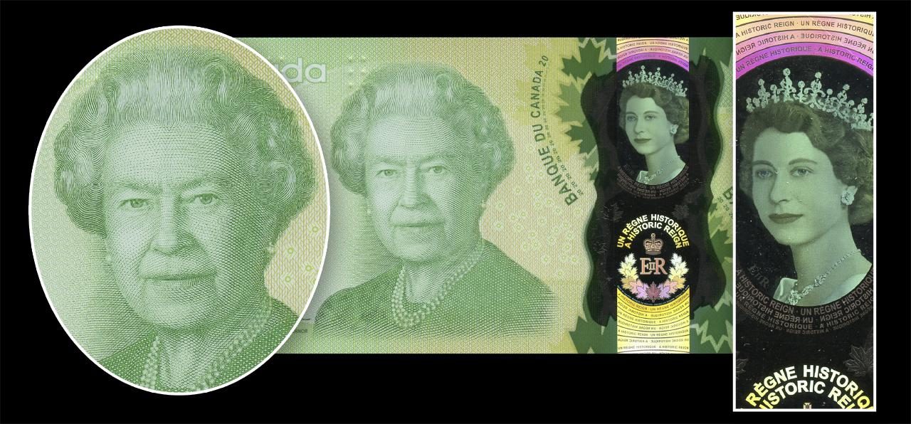 Bank note engraving of an older woman in front of a green $20 bill and an image of her as a younger woman.