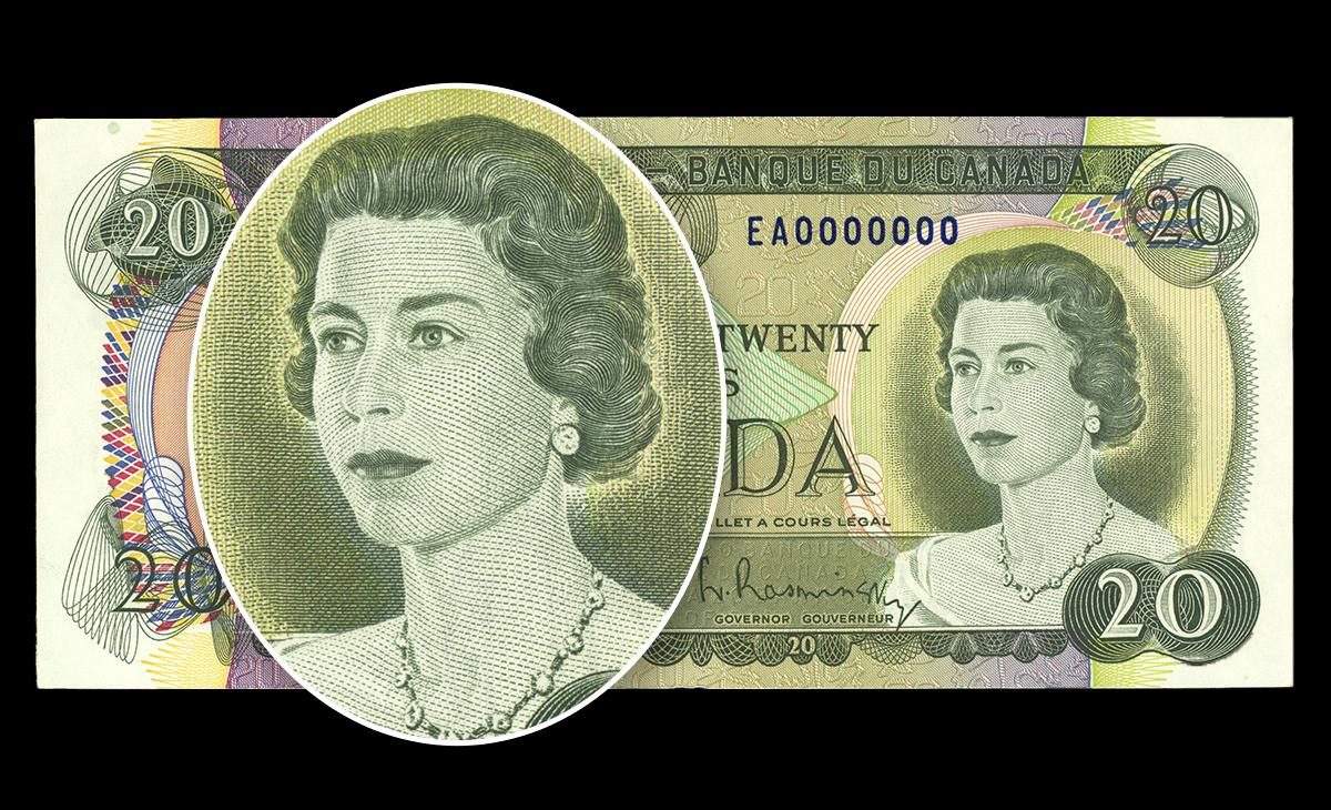 Bank note engraving of a middle-aged woman in front of a green $20 bill featuring the same image.