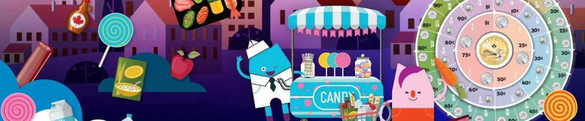Collage, cartoon people, foods, shopping cart, a wheel of coin images, a candy cart.