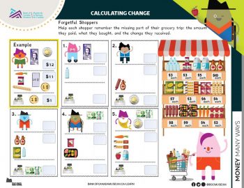 Group of illustrations, types of candy, an ice cream truck, money and a cash register.
