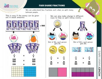 Seven illustrations of coin and bill combinations, each divided into two equal halves.