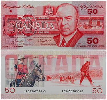 Bank note, 2 sides, older balding man on the front and on the back a mounted policeman, and a man in a fur parka leading a team of dogs.