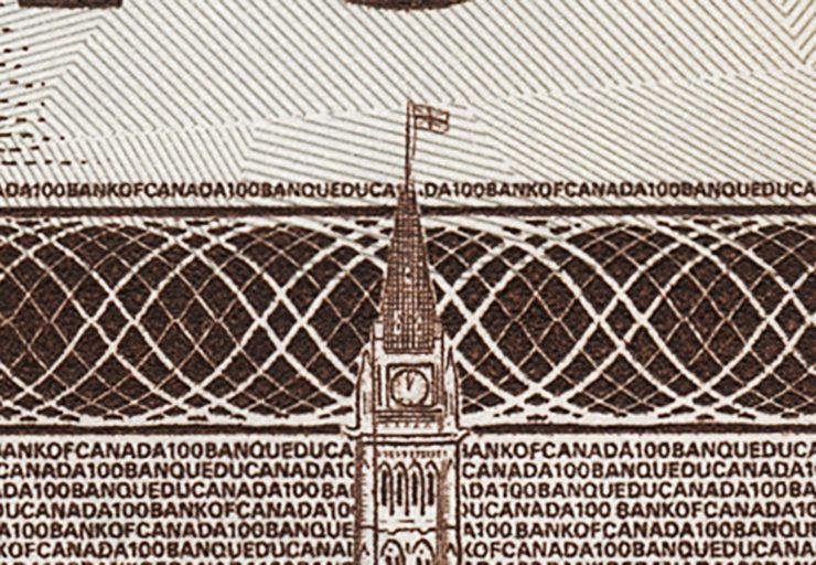 Bank note illustration, extreme close-up of a clock tower with a tiny flag on top.