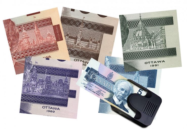 Bank note, close-up, block letters without outlines and made up of tiny parallel lines.