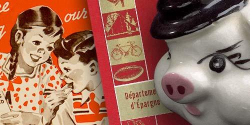 Collage, ceramic pig on background of a bank book and a stamp folder with kids on it.