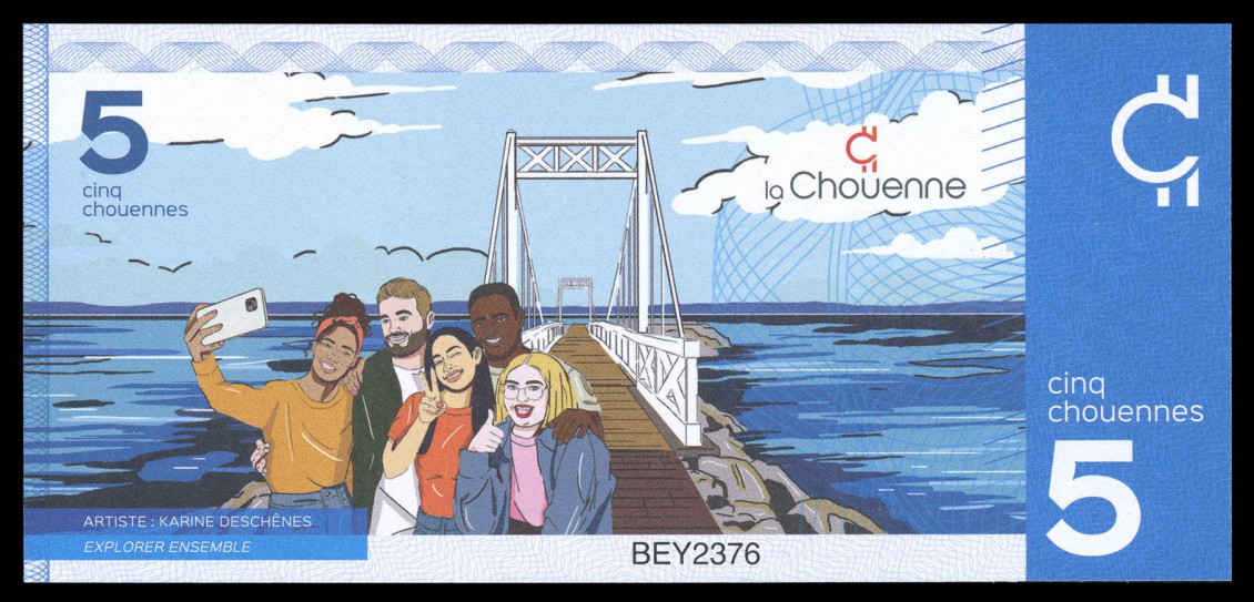 A fictitious 5-dollar bank note, a cartoon of a diverse group of people taking selfies on a bridge over water on a sunny day.