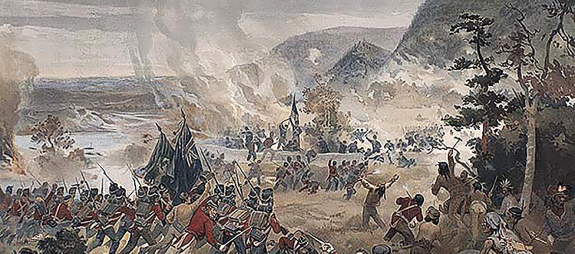 Painting, a steep valley, soldiers in red and Indigenous men with rifles, smoke and battle in distance.