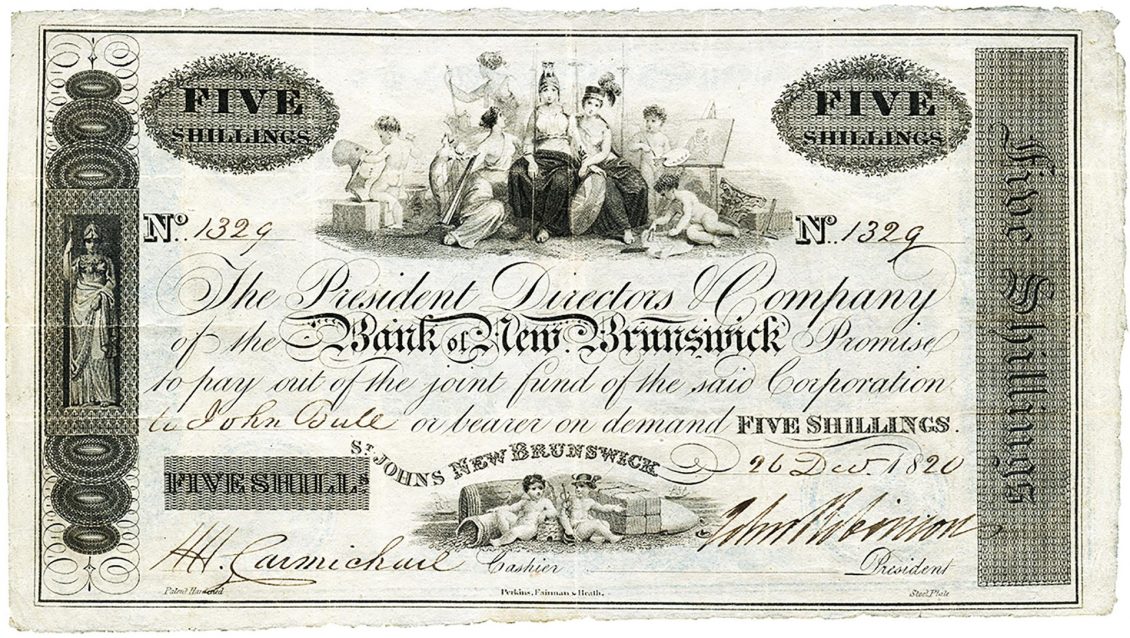 Bank note, several lines of scripted printing, women and children posed in robes with symbols of art.