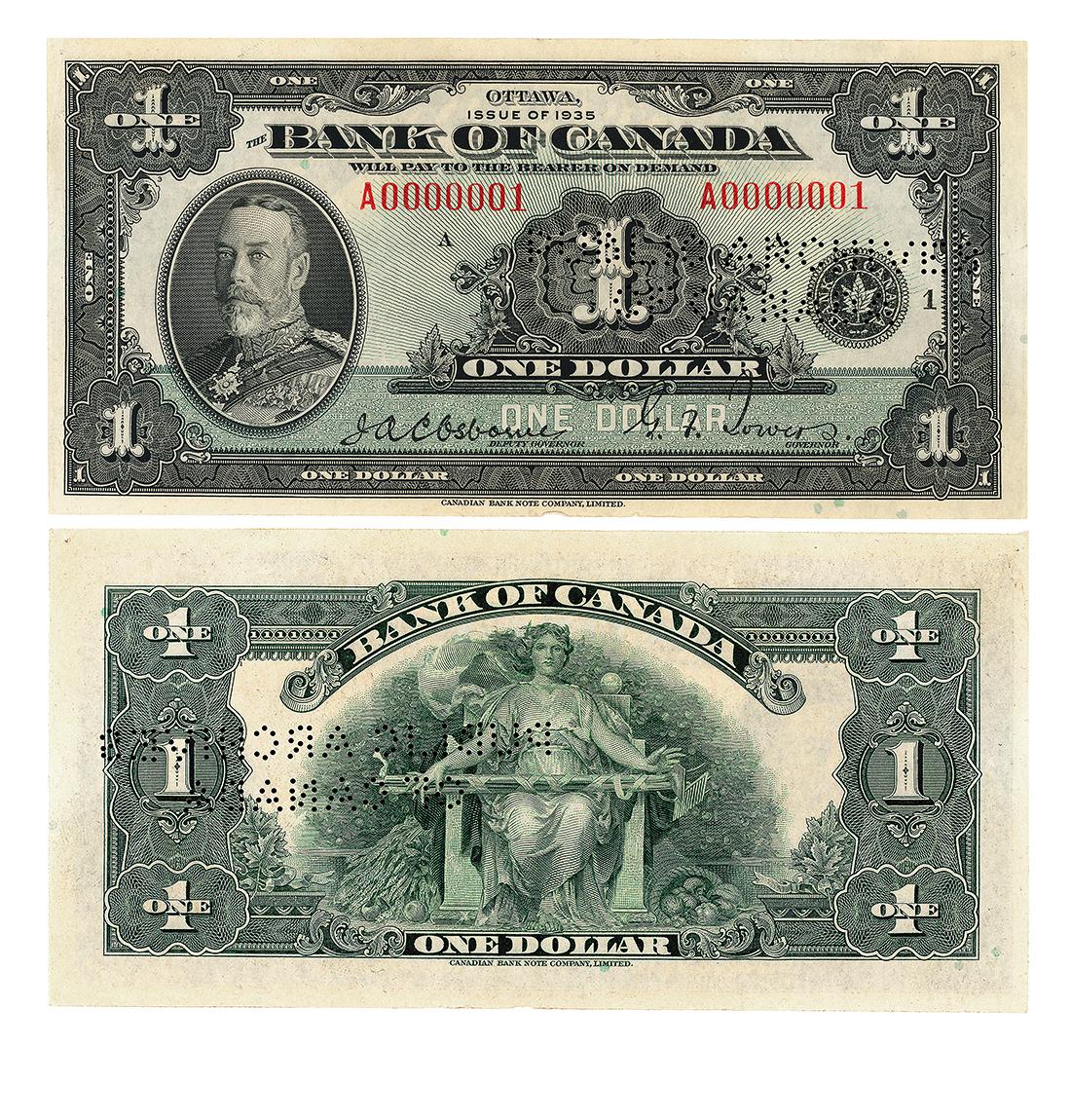 Bank note, elaborate geometric patterns; front, bearded man in military uniform; back, robed woman with gardening tools.
