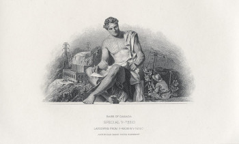 Print, muscular man in industrial landscape with a mine and hydroelectric plant behind him.