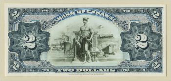 Bank note, design model, numbers in medallions of geometric patterns, man in winged helmet with examples of transportation.